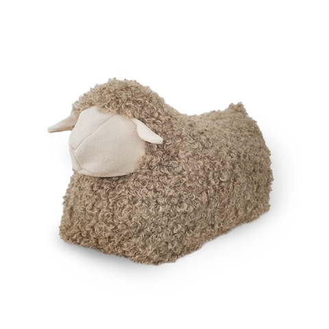 Fluffy sheep footstool with soft, brown fur and a cream face.