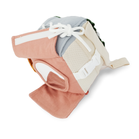 A colorful baby sun hat features a wide brim, adjustable chin strap, and peekaboo window for easy viewing.