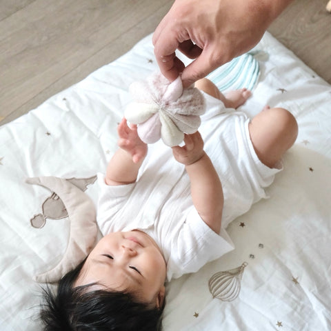 Baby reaches for a pink and white plush rattle held by an adult's hand.