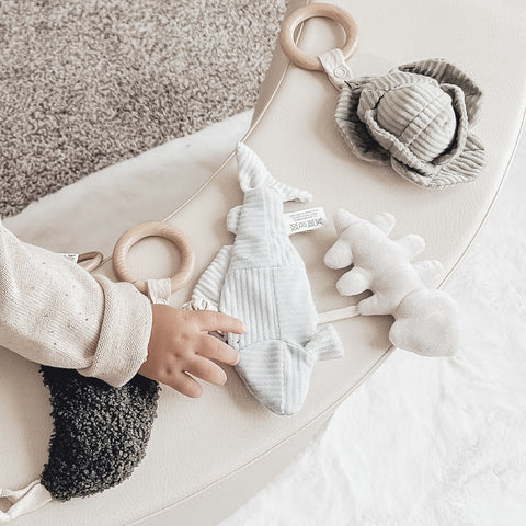 Baby reaches for a soft, textured mobile featuring a grey dinosaur, fish, and flower.