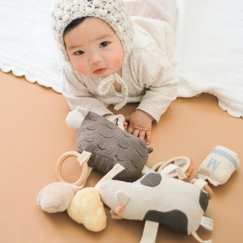 Baby wearing crocheted bonnet plays with farm animal soft toys on a peach-colored blanket.