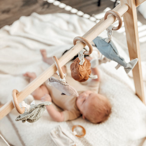 Wooden baby gym hangs over a baby with soft whale and pumpkin toys.