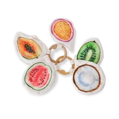 Five plush fruit toys, featuring watermelon, kiwi, coconut, papaya, and passionfruit, connect to wooden teething rings for a colorful baby toy.